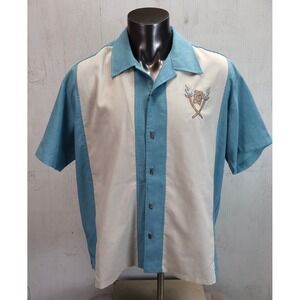 Steady Last Call Button Up Shirt Size 2XL Tiki Metal Emboidered Bowling USA Made